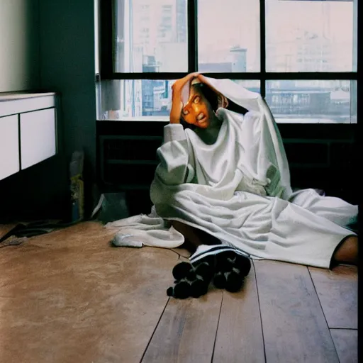 Image similar to realistic! photoshoot for a new vetements lookbook, color film photography, portrait of a beautiful woman, location in a apartment, in style of tyler mitchell, 35mm