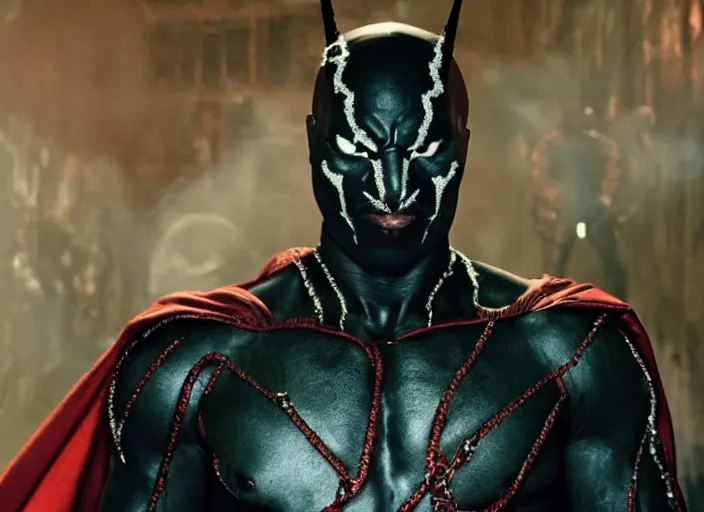Image similar to film still of michael b jordan as spawn in the new spawn movie, giant chains, large cape, 8 k