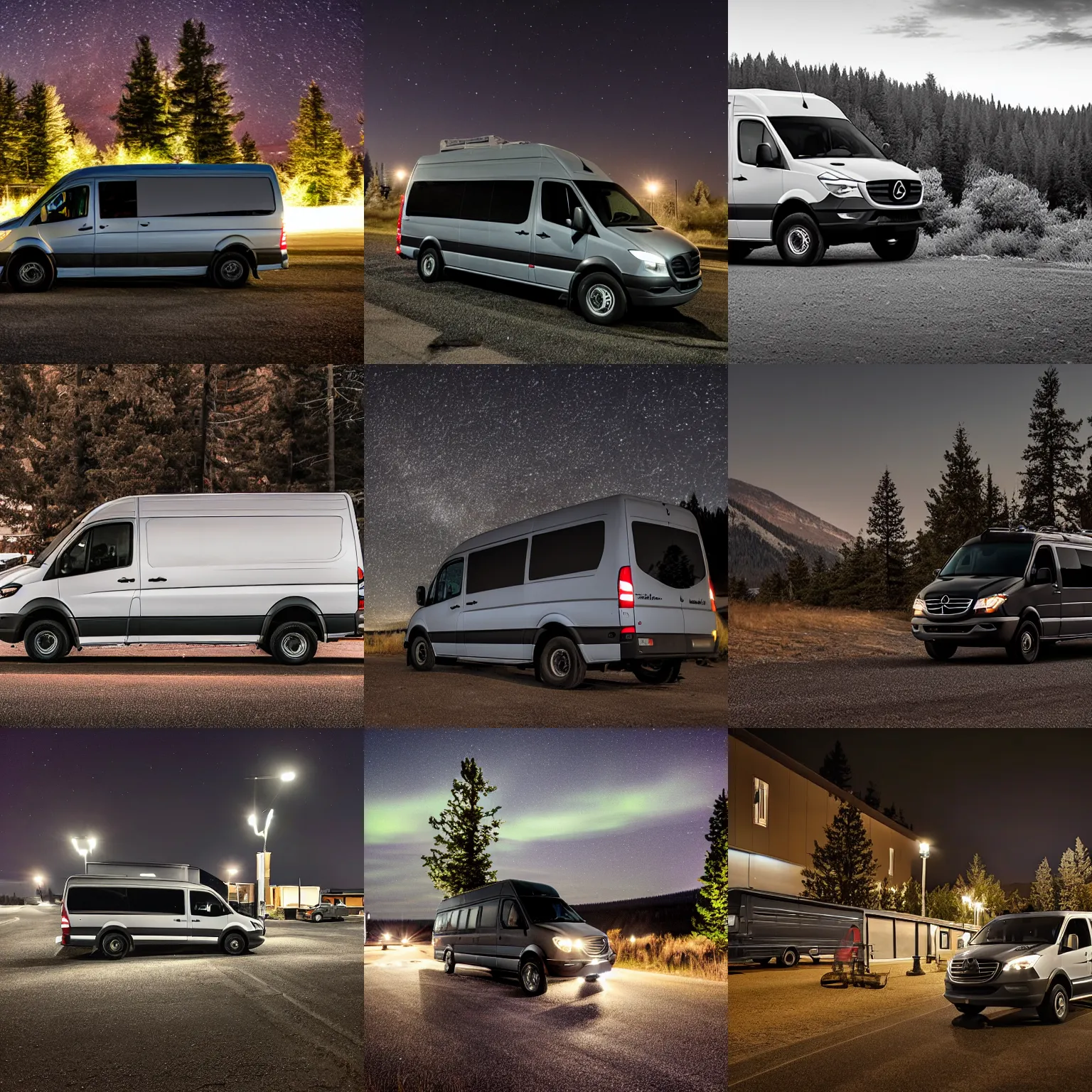 Prompt: a dark gray sprinter van in central Oregon at night