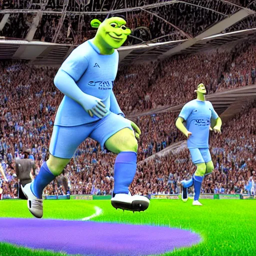 Image similar to shrek!! scoring a goal for manchester city, hd render,