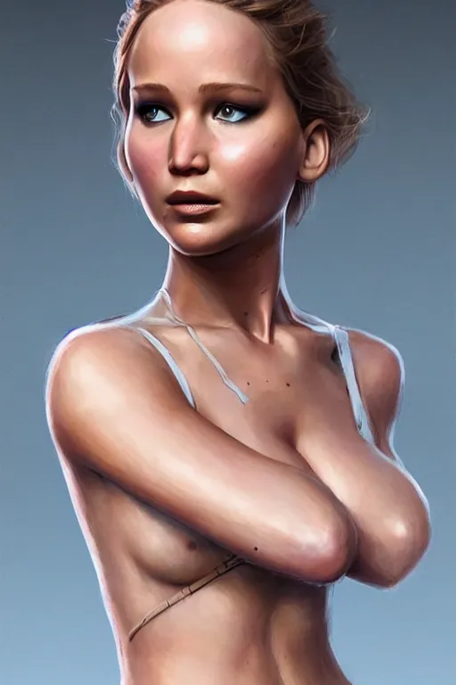 Prompt: Jennifer Lawrence, anatomy, only two hands, highly detailed, digital painting, artstation, concept art, smooth, sharp focus, illustration, Unreal Engine 5, 8K, art by art by artgerm and greg rutkowski and edgar maxence