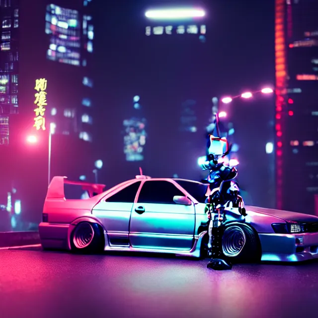 Image similar to toyota jzx 1 0 0 drift with pretty cyberpunk robot girl standing, detailed wheels, shibuya prefecture, cinematic lighting, photorealistic, night photography, octane render by tomino - sama