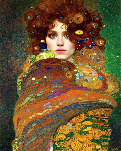 Image similar to forest cat portrait an oil painting splashes with many colors and shapes by gustav klimt greg rutkowski and alphonse mucha, polycount, generative art, psychedelic, fractalism, glitch art