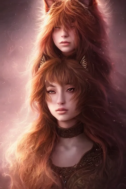 Image similar to majestic and regal portrait of a beautiful young cat girl!!, cat ears, tail, intricate, epic, elegant, menacing, fantasy, highly detailed, digital painting, hard focus, beautiful volumetric lighting, epic light, ultra detailed, souls, smoke, by leesha hannigan, ross tran, thierry doizon, kai carpenter, ignacio fernandez rios