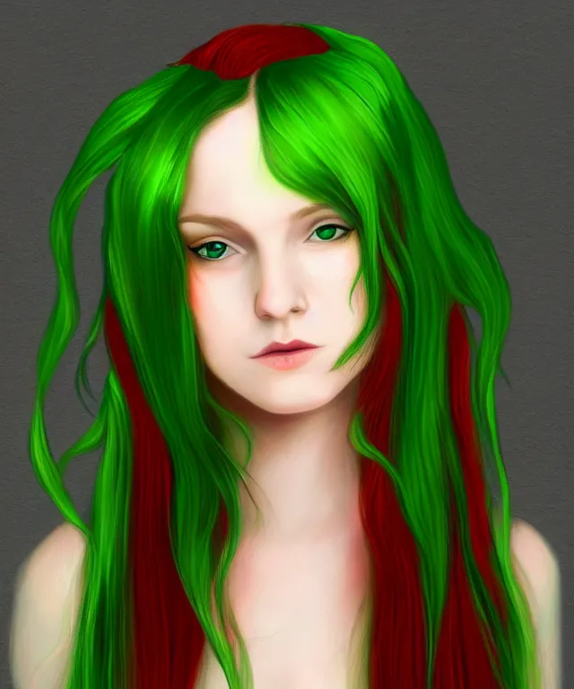 Image similar to Fae teenage girl, portrait, face, long red hair, green highlights, fantasy, intricate, elegant