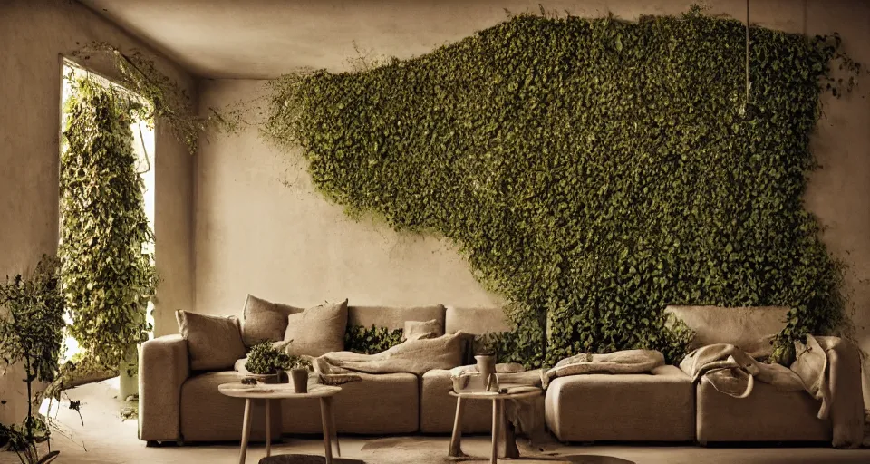 Prompt: IKEA catalogue photo, high end farm house style living room, sand piled in corners, dust, organic, vines, overgrown, tropical, by Beksiński