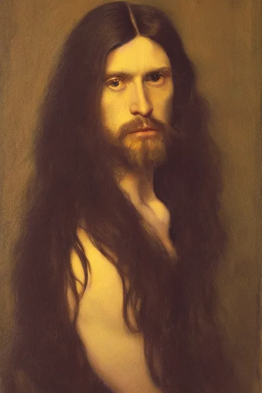 Image similar to a painting of a man with long hair, a portrait by Robert Lenkiewicz, cg society, pre-raphaelitism, da vinci, studio portrait, oil on canvas