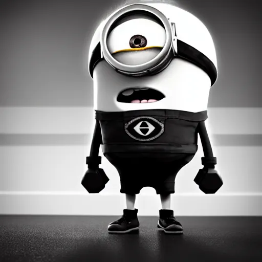 Image similar to black & white epic!!! photograph of a minion from “ despicable me ” in the gym lifting weights, very angry!!!!!! face, motivational poster, highly detailed, cinematic lighting, photo, award - winning photograph, professional photograph, dramatic posing, 8 k quality, dramatic rim lighting, high quality