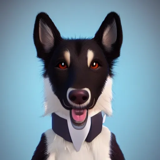 Prompt: a portrait of a cute male anthro border collie wearing a suit. fursona commission on furaffinity, disney, detailed, soft lighting, rendered in octane, furry