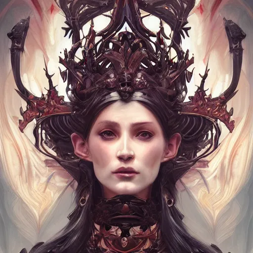 Image similar to portrait of a destruction goddess, intricate chaos, evil, elegant, highly detailed, death, digital painting, satan, artstation, lucifer, concept art, smooth, sharp focus, illustration, art by artgerm and greg rutkowski and nekro borja and mucha and william - adolphe bouguereau