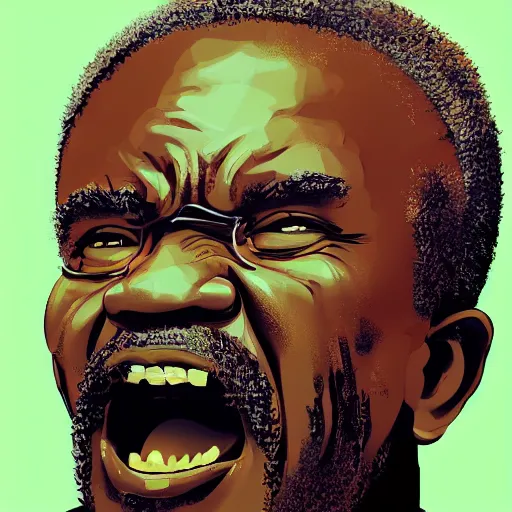 Prompt: An old african man raging and screaming and Television, holding a controller. Nice rimlight. By ilya kuvshinov, krenz cushart, Greg Rutkowski, trending on artstation. Sharp highlights, amazing textured brush strokes, accurate shape, cinematic soft, 8k, VFX, HDR, dramatic lighting, psychedelic colouring