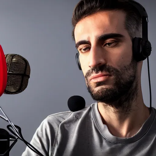 Image similar to handsome Portuguese male twitch streamer looking angrily at his expensive studio mic which isn't working, 4k