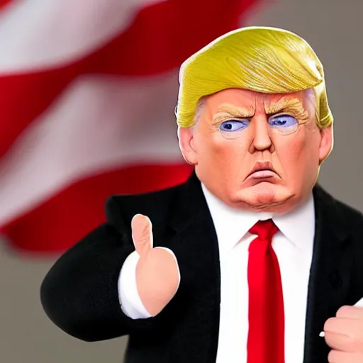 Image similar to Donald Trump realistic finger puppet, wide lens, diorama, 4k,