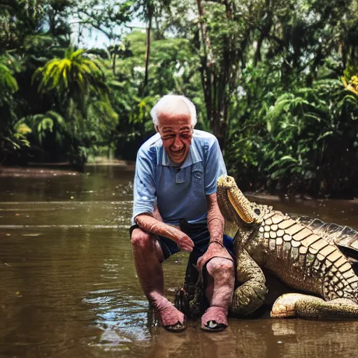 Prompt: elderly man feeding a crocodile, smiling, happy, crocodile, jungle, canon eos r 3, f / 1. 4, iso 2 0 0, 1 / 1 6 0 s, 8 k, raw, unedited, symmetrical balance, wide angle