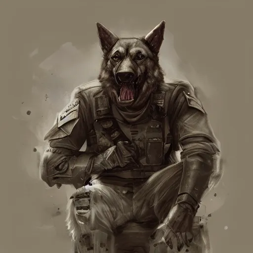 Image similar to a wounded humanoid german shepherd beast - man in military style, sitting on the bed, highly detailed portrait, digital painting, artstation, concept art, smooth, sharp foccus ilustration, artstation