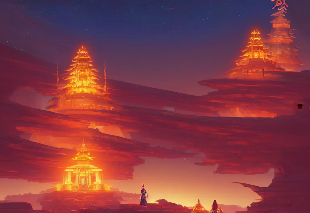 Image similar to a small chubby futuristic temple in the desert at night, intricate oil painting, high detail illustration, sharp high detail, manga and anime 1 9 9 9, official fanart behance hd artstation by jesper ejsing and makoto shinkai, 4 k,