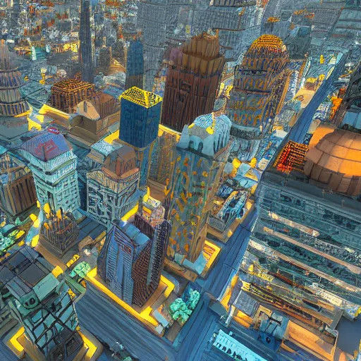 Image similar to a city that resembles a voxel scape, volumetric lighting, light rays, photorealistic, ultrarealistic, coronarender, 8k