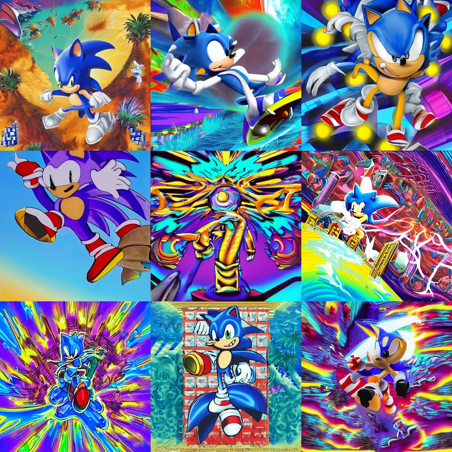 Prompt: sonic the hedgehog in a surreal, sharp, detailed professional, high quality airbrush art MGMT album cover of a liquid dissolving LSD DMT blue sonic the hedgehog surfing through vaporwave, purple checkerboard background, 1990s 1992 Sega Genesis video game album cover