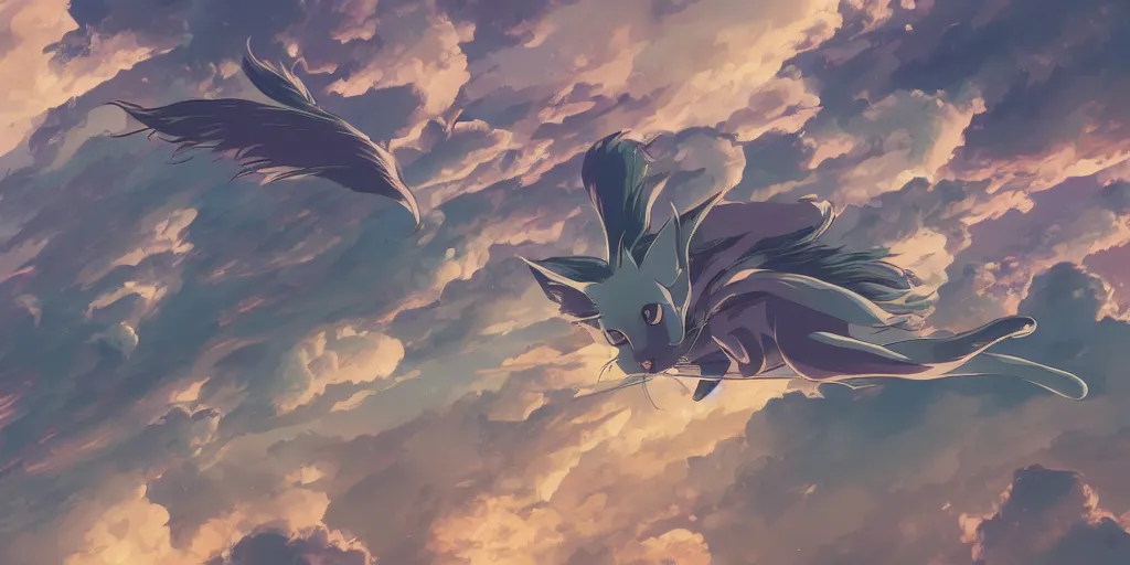 Image similar to a beautiful scene of a cat flying through the air over a sprawling city, concept art, studio ghibli, style of makoto shinkai and alphonse mucha, 4 k wallpaper