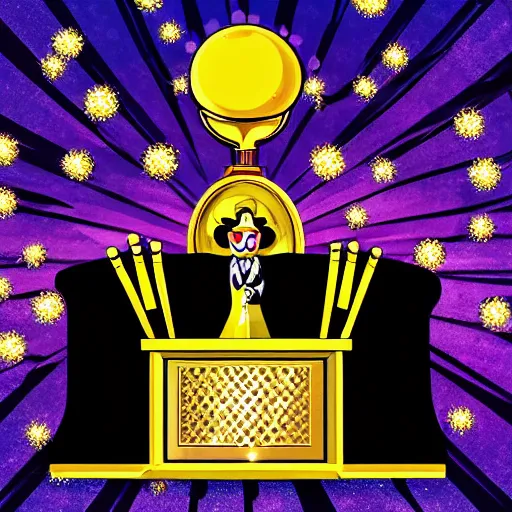 Image similar to cartoon of a shining majestic throne made of millions of diamonds, gold and zaphires with thousands of light reflections, and a clown on a tuxedo suit is sitting on the throne while handing a golden globe, dramatic light