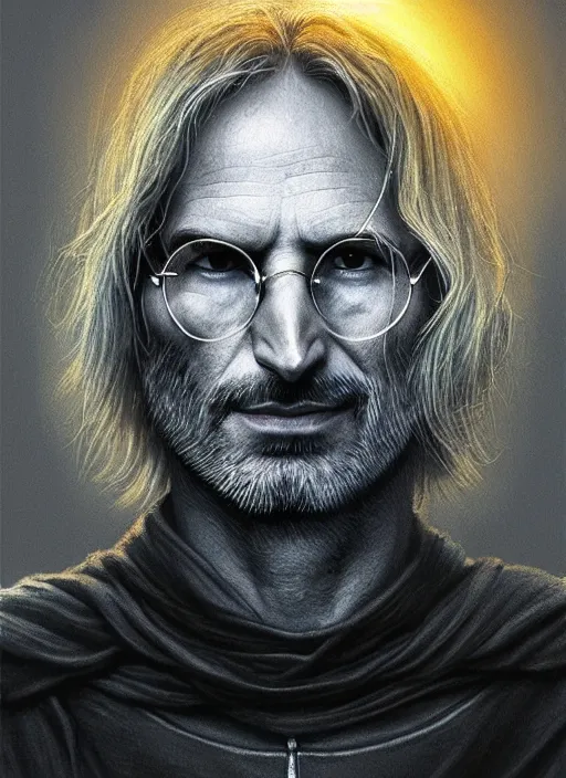 Prompt: portrait of steve jobs, white glowing eyes, silver shaggy hair, cloak, male, fantasy, extremely detailed, digital painting, artstation, concept art, sharp focus, illustration, stunning lighting, artgerm, alphonse mucha, simon stalenhag, light atmosphere, golden ratio, cinematic lighting, hyperdetailed, marc simonetti, greg rutkowski, 8 k