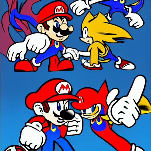 Prompt: mario and sonic arm wrestling in the style of Laurie Greasley