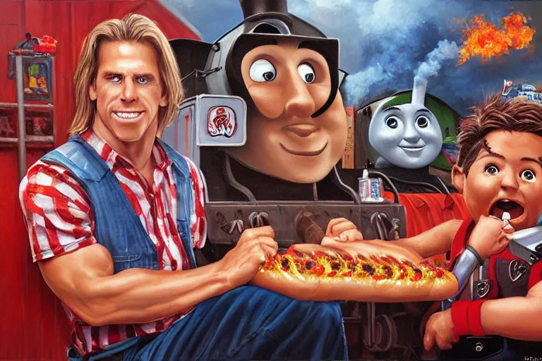 Image similar to portrait of wwf shawn michaels and thomas the tank engine sharing hotdogs, an oil painting by ross tran and thomas kincade