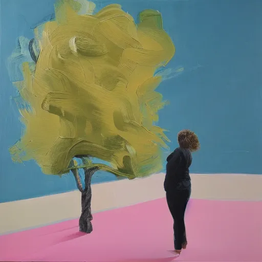 Image similar to _ in _ these _ paintings _ we _ see _ a _ big and tall _ woman in a busy void space with a tree, 4 k, in the style of ben quilty, edward hooper, minimal pink palette, medium shot, three point light, oil paint with thick brushstrokes of paint, impasto, detailed,