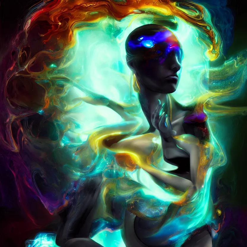 Image similar to a digital painting of a technomancer woman attached by love, floating into a dark void. surrounded by synthesized ai djinn hologram, an ultrafine detailed painting by alberto seveso, a silk screen by julian schnabel, featured on deviantart, modern european ink painting, photoillustration, impressionism, biomorphic, behance hd, lovecraftian