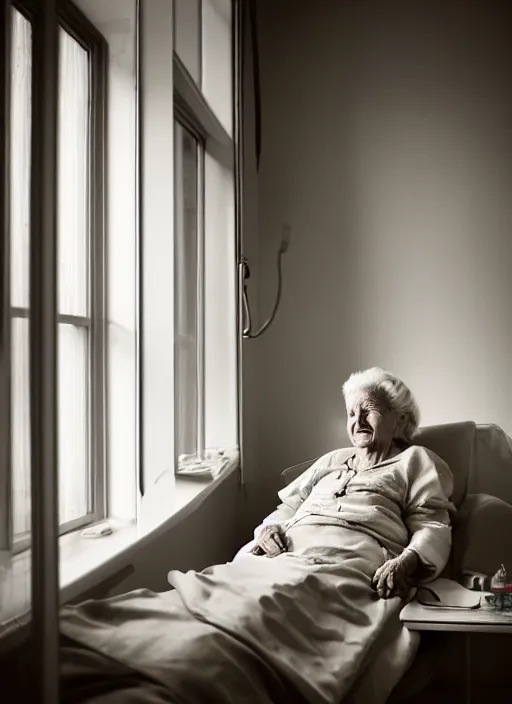 Image similar to medium shot, photo of a beautiful old woman hospital patient sitting in a norwegian hospital room with an iv drip, wearing a hospital gown, looking out window, smiling gently. studio lighting, beautiful lighting, calming, by charlie waite, max rive, caroline foster.