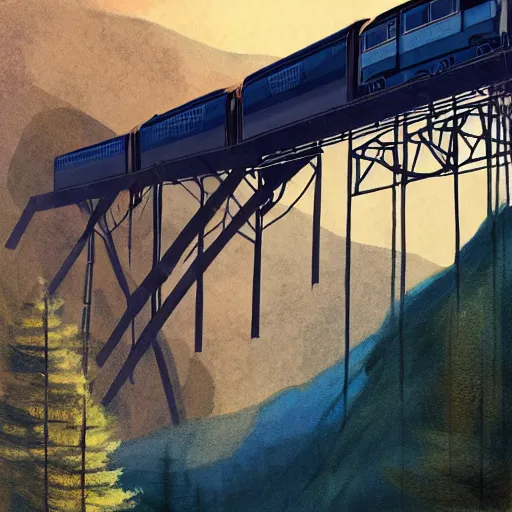 Image similar to train going over a trestle bridge in the mountains, concept art, illustrated, highly detailed, high quality, bright colors, optimistic,