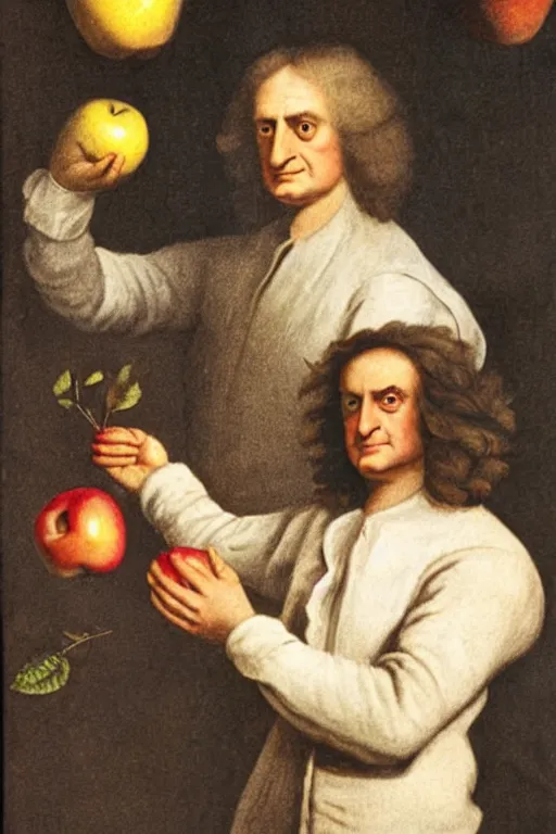 Image similar to isaac newton holding an apple, collage