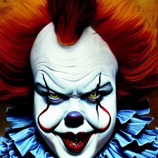 Image similar to hyperrealistic mixed media image of jack black disguised as pennywise the clown, stunning 3 d render inspired art by istvan sandorfi and greg rutkowski, perfect facial symmetry, realistic, highly detailed attributes and atmosphere, dim volumetric cinematic lighting, 8 k octane extremely hyper - detailed render, post - processing, masterpiece,