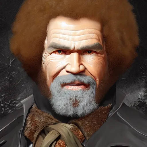 Prompt: an ultra detailed vector image of bob ross dressed as the hunter from bloodborne, concept art by alphonse mucha and greg rutkowski, praise the blood moon, octane render, liminal space