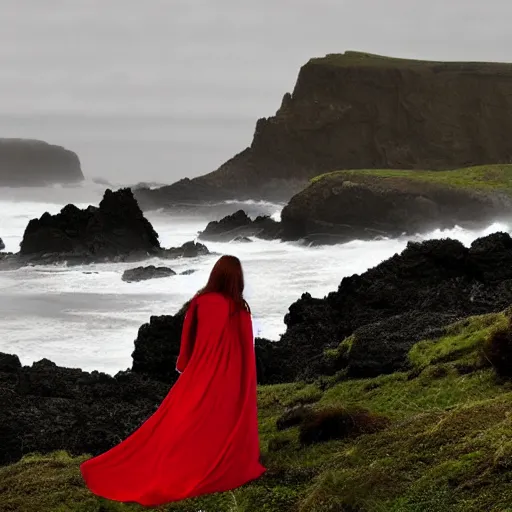 Prompt: dark and moody 1 9 7 0's artistic spaghetti western film in color, a woman in a giant billowy wide long flowing waving red dress, standing inside a green mossy irish rocky scenic landscape, crashing waves and sea foam, volumetric lighting, backlit, moody, atmospheric, fog, extremely windy