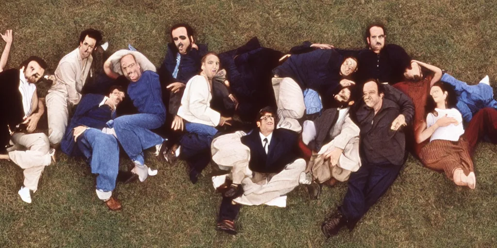 Prompt: the cast of seinfeld in a wide open field, photograph by andrei tarkovsky