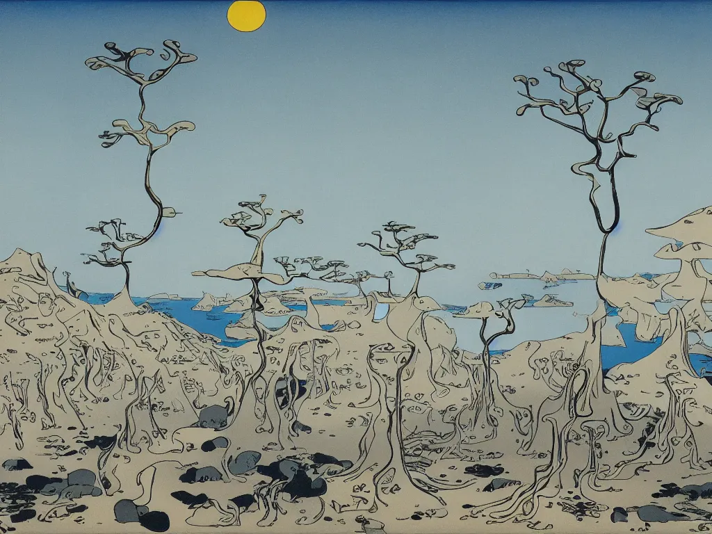 Prompt: Socotra island with baobab trees and sandstorm. Artwork by Yves Tanguy, Hiroshige