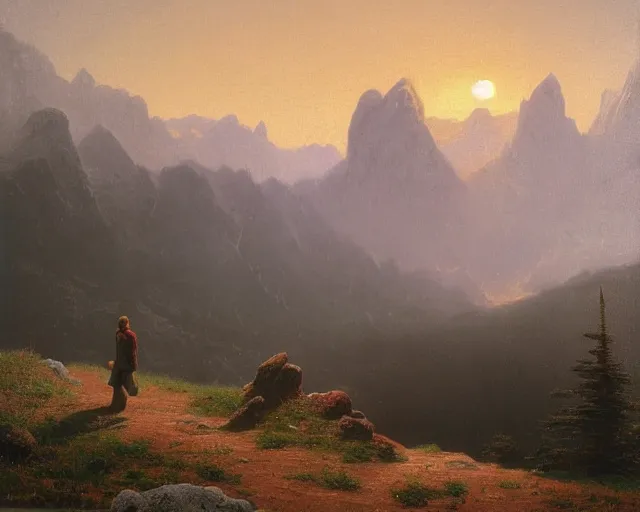 Image similar to a traveler wandering trough the mountains looking at the clouds, very detailed, focused, oil painting, cinematic lighting, albert bierstadt, trending on artstation, colorful, canvas, sunset, hans dahl, theodor kittelsen, hermann hendrich, national geographic, Konstantin Yakovlevich Kryzhitsky, beautiful nature, breathtakingn nordic