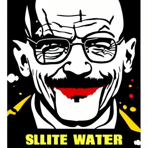 Image similar to die cut sticker, walter white laughing like the joker, splatter paint