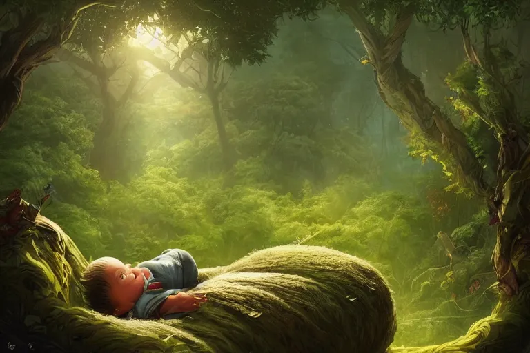 Image similar to a beautiful illustration of a little cute boy in his bed dreaming about a beautiful green forest, fantasy, intricate, epic lighting, cinematic composition, hyper realistic, 8 k resolution, by artgerm, tooth wu, dan mumford, beeple, wlop, rossdraws, james jean, marc simonetti, artstation