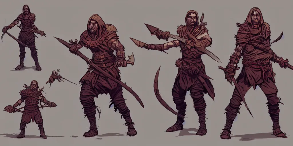 Image similar to warrior character design, idle pose, colored, sword, sprite, darkest dungeon, pc game, sideview, art by moebius and greg rutkowski.