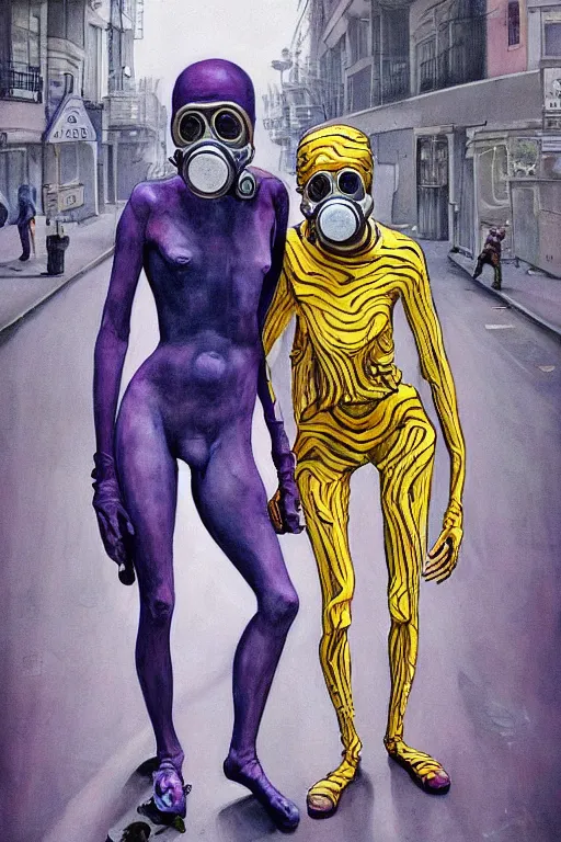 Prompt: a surreal frances bacon and james jean painting of two skinny fleshy figures, with extra limbs wearing ornate gas masks and clothed in purple and blue, walking down a city street, full view, concept art, horror art, extremely high details, hyper realistic high quality