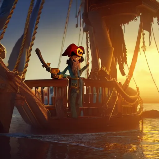 Image similar to a great pirate on his ship holding a cup of coffee. pixar style animation 3 d extremely gloomy lighting, shining light and shadow, atmospheric, cinematic, unreal engine, 8 k