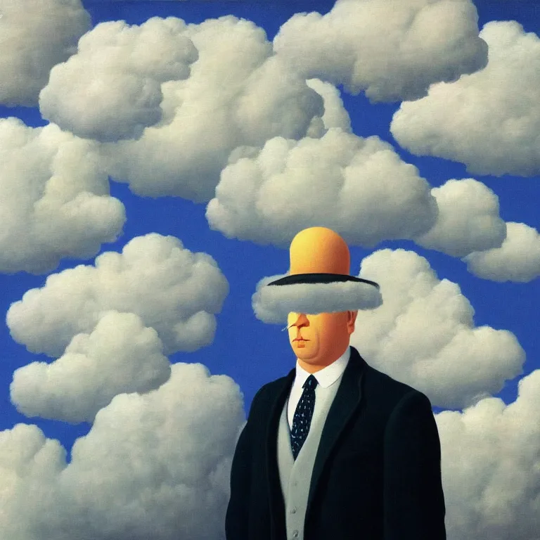 Prompt: portrait of a man made out of clouds, by rene magritte, detailed painting, hd, hq, high resolution, high detail, 4 k, 8 k