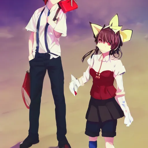 Image similar to anime woman with cat ears holding a package of sugar and a boy wearing white shirt and red tiw, digital artwork, in the style of krenz cushart