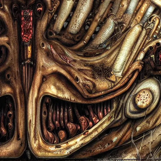 Prompt: a close up of an elongated machine made of teeth and raw meat rust, in a factory, concept art by giger, cgsociety, assemblage, trypophobia, greeble, grotesque, biomechanical open chewing mouth, industrial saliva