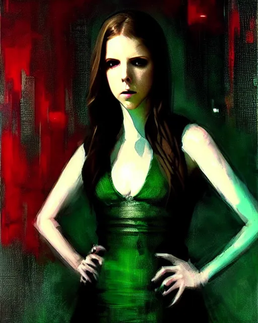 Prompt: Jeremy Mann art, artgerm, cgsociety, cinematics lighting, beautiful Anna Kendrick supervillain, green dress with a black hood, angry, symmetrical face, Symmetrical eyes, full body, flying in the air over city, night time, red mood in background