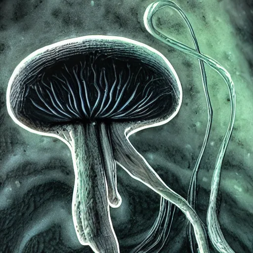 Image similar to horror alien mushroom with tendrils, oozing black goo, high detail