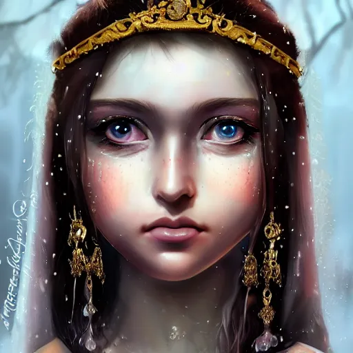 Prompt: ilyana vyulnika as a young princess in the dark, crying eyes, tears, leaked mascara, lipgloss, portrait, closeup, cute freckles, gloss effects, and exaggerated proportions, intricate jewelry, after rain, digital art by julia razumova and mel milton, trending on artstation, 4 k high quality