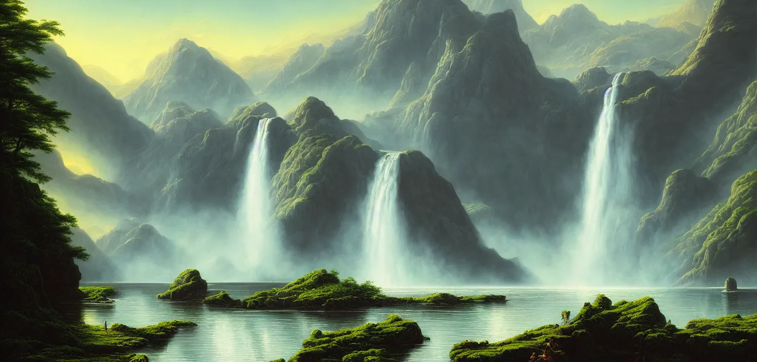 Image similar to a painting of a waterfall and a lake surrounded by mountains, a detailed matte painting by david a. hardy, featured on cgsociety, fantasy art, matte painting, 2 d game art, concept art